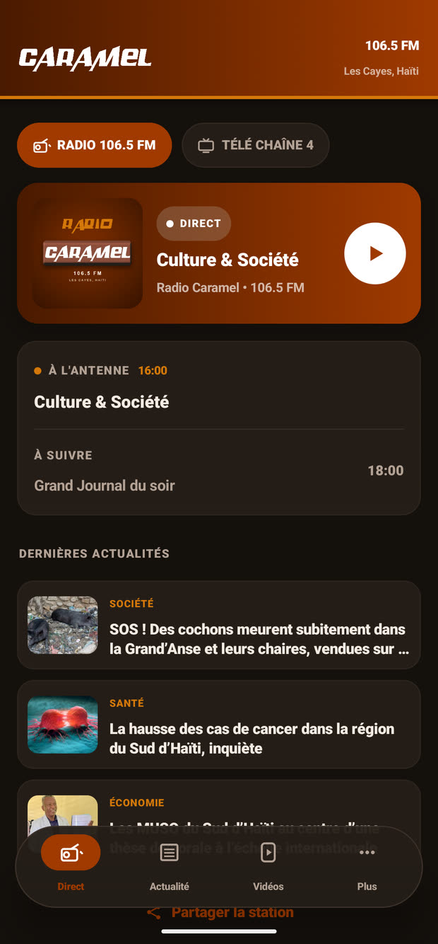 L’application Caramel, écran du direct